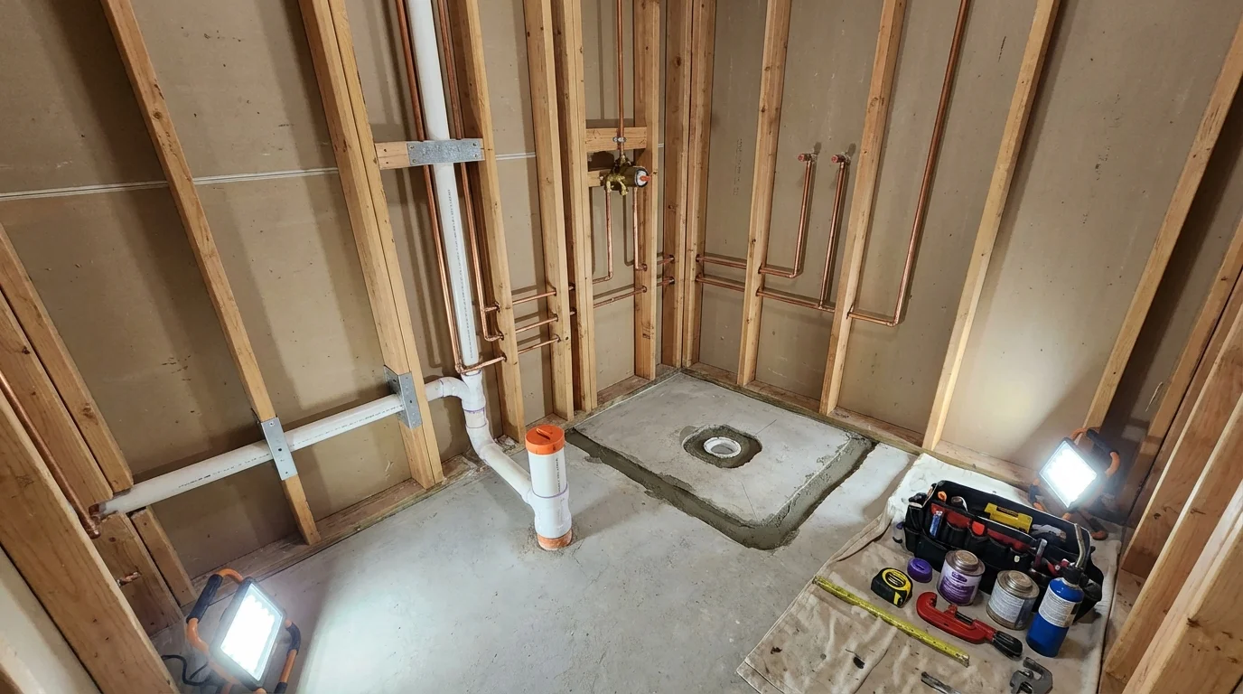 Bathroom rough-in plumbing during remodel by Johns Plumbing LLC in South Hadley