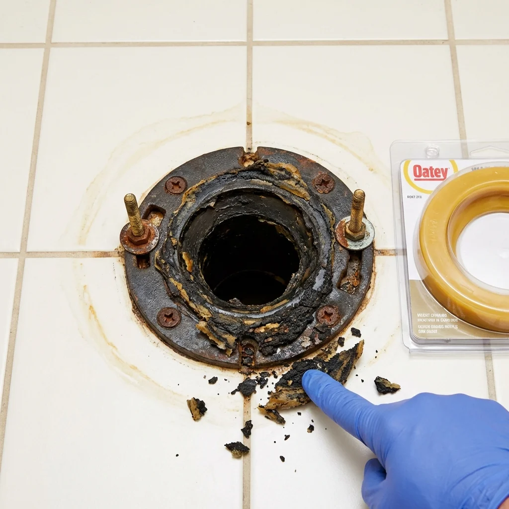 Failed wax ring showing water seepage at the base of a toilet in a South Hadley, MA home