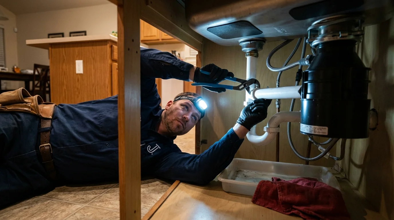 P-trap and supply line connections under a kitchen sink showing a common leak point in South Hadley, MA